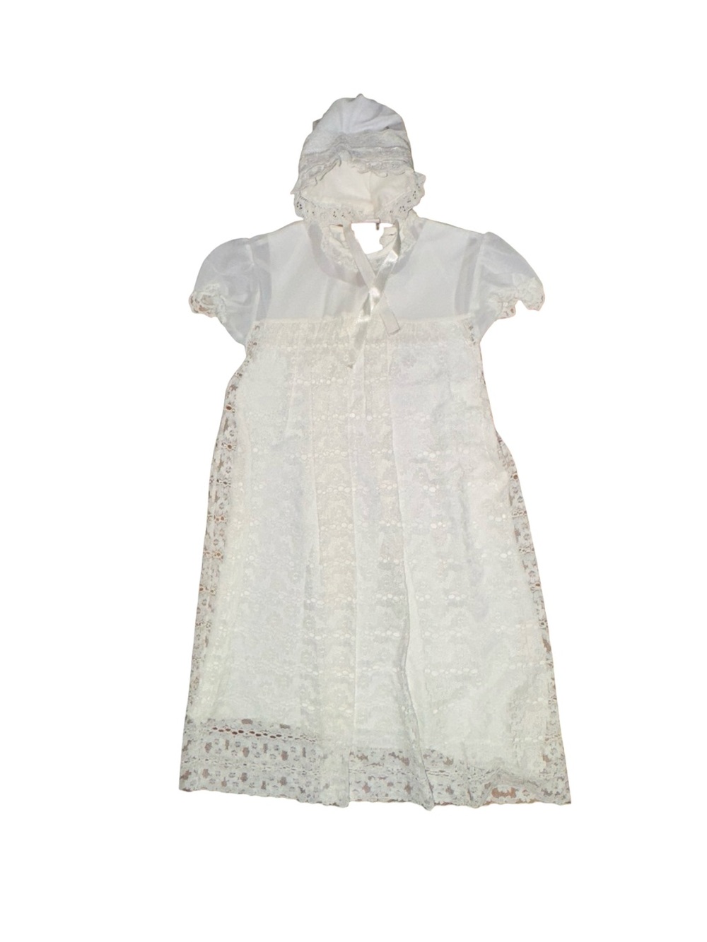 Vintage White Lace Christening Baptism Gown Dress & Bonnet Baby Heirloom
